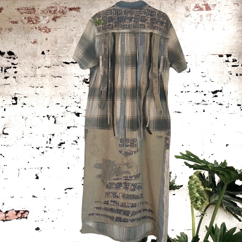 Upcycled plaid palm tree fringe back patched dyed post Apocalyptic duster shirt